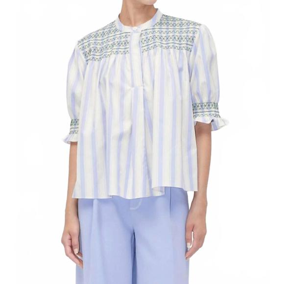 NEW STINE GOYA smocked gathered top in pastel stripes - Picture 1 of 4
